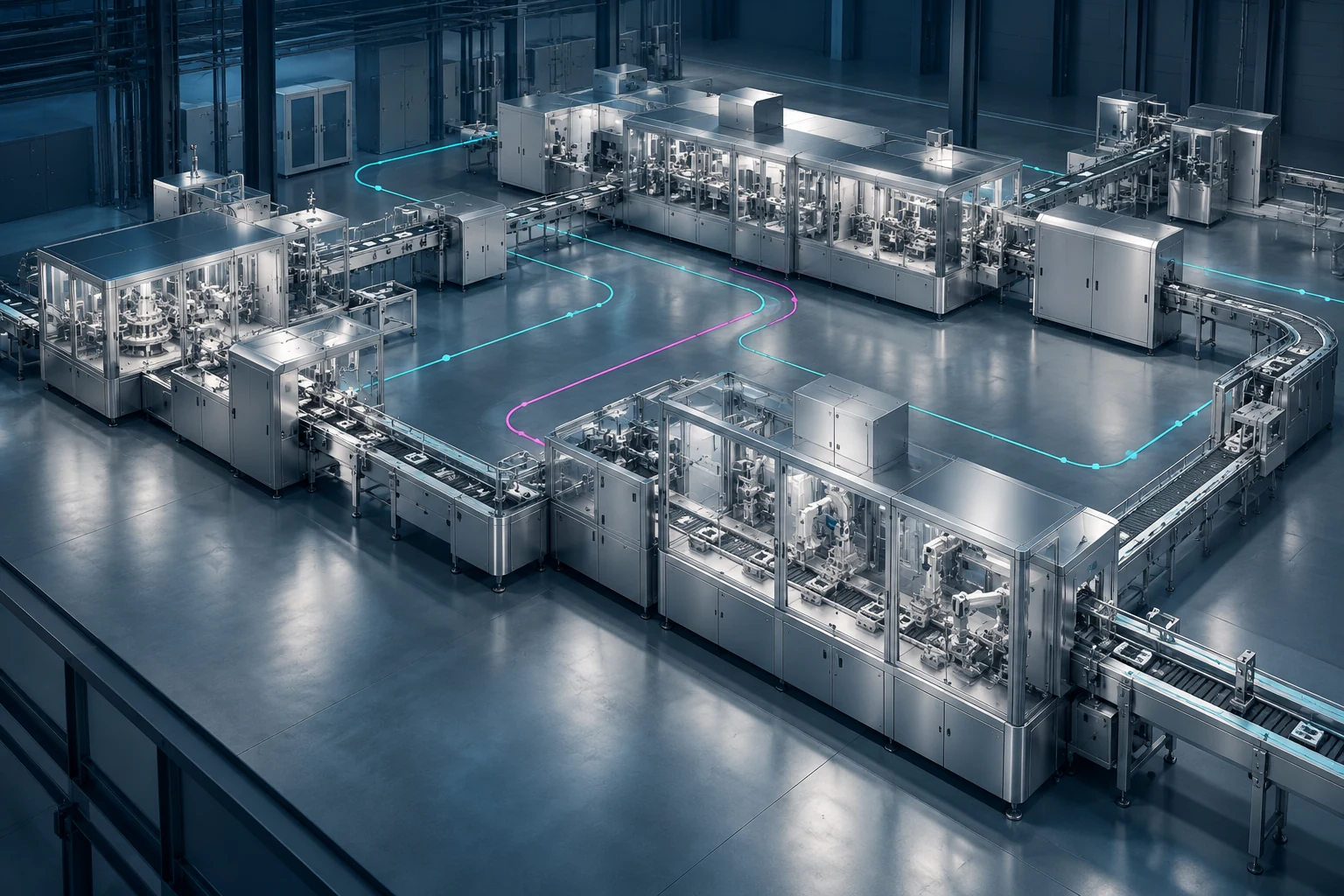 Visual concettuale di un impianto industriale con linee produttive connesse